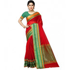 Women's Kota Doria Cotton Border Saree With Blouse (Red, 5-6 Mtrs)