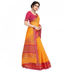 Women's Kota Doria Cotton Bordered Saree With Blouse (Gold, 5-6 Mtrs)