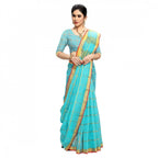 Women's Kota Doria Cotton Checked Saree With Blouse (Sky Blue, 5-6 Mtrs)