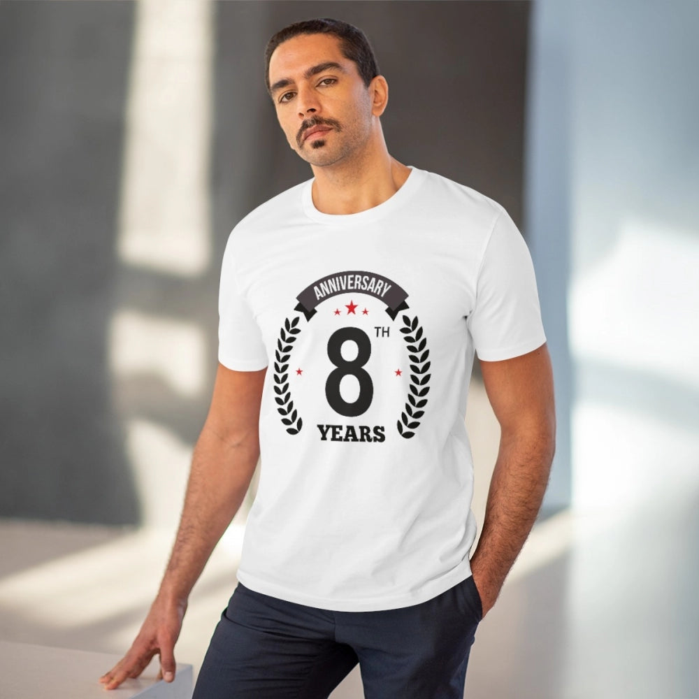 Men's PC Cotton 8th Anniversary Printed T Shirt (Color: White, Thread Count: 180GSM)