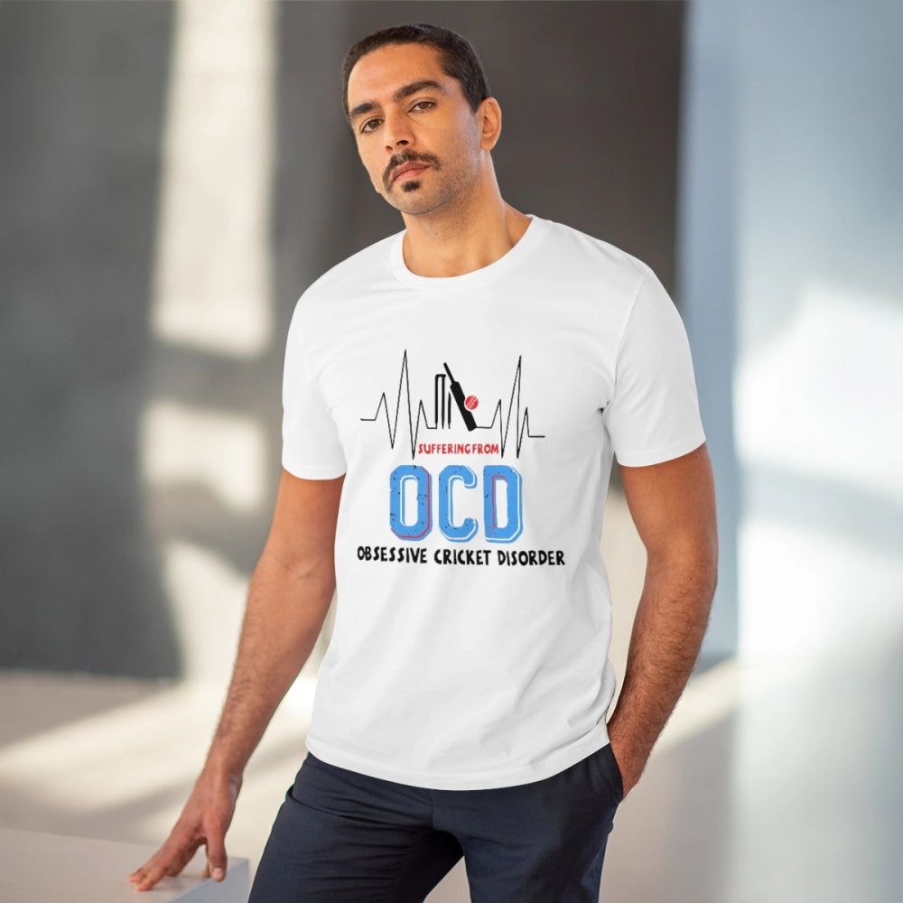 Men's PC Cotton Cricket Design Printed T Shirt (Color: White, Thread Count: 180GSM)