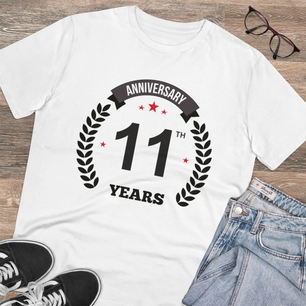 Men's PC Cotton 11th Anniversary Printed T Shirt (Color: White, Thread Count: 180GSM)