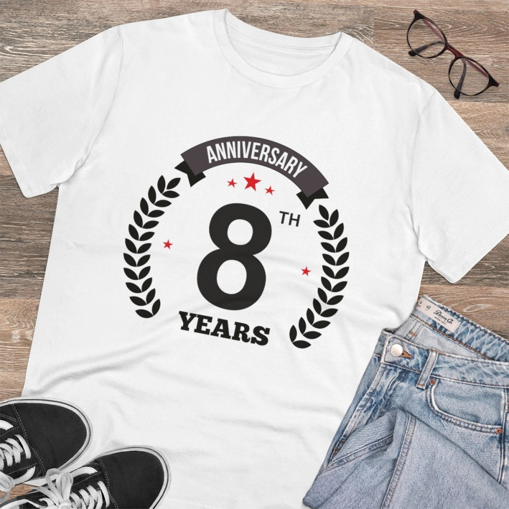 Men's PC Cotton 8th Anniversary Printed T Shirt (Color: White, Thread Count: 180GSM)