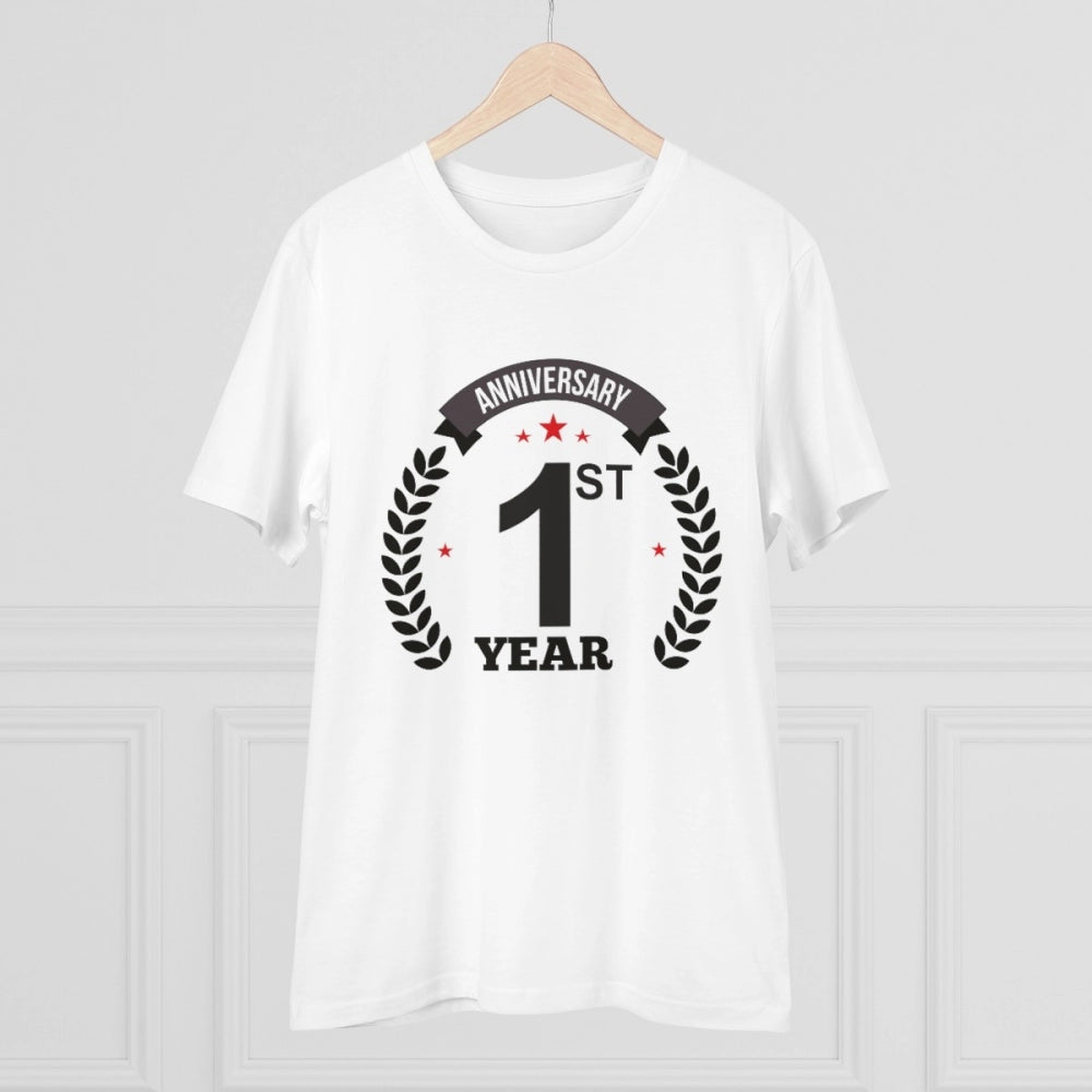 Men's PC Cotton 1st Anniversary Printed T Shirt (Color: White, Thread Count: 180GSM)