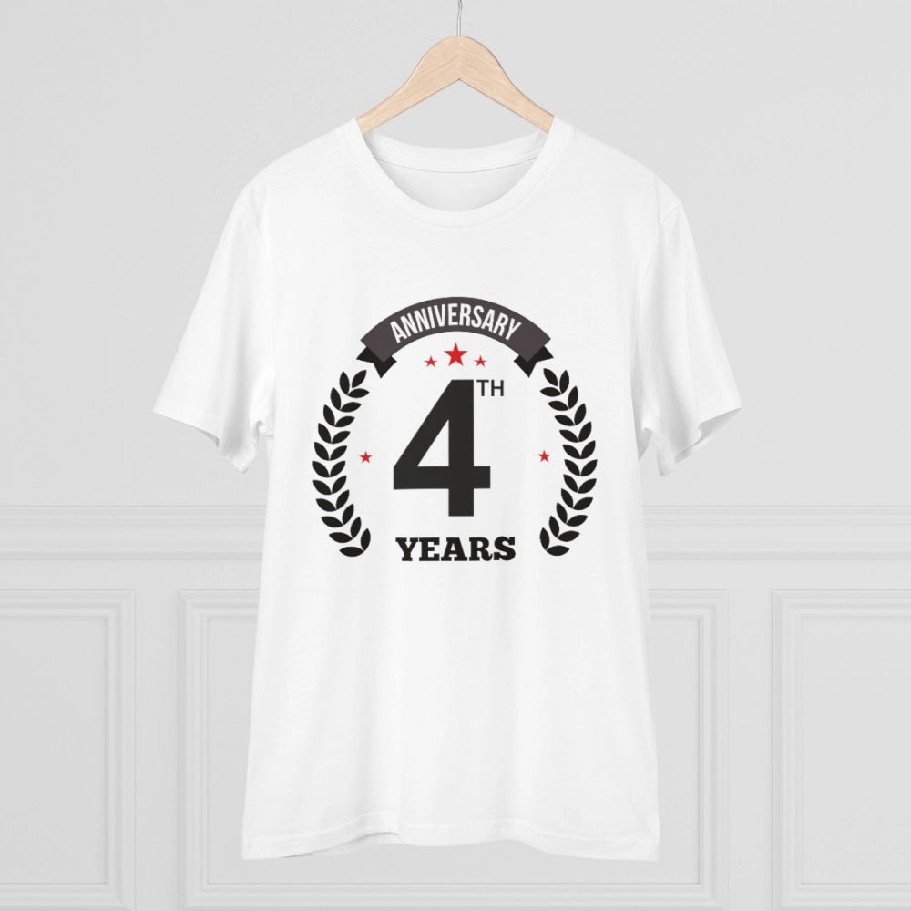 Men's PC Cotton 4th Anniversary Printed T Shirt (Color: White, Thread Count: 180GSM)
