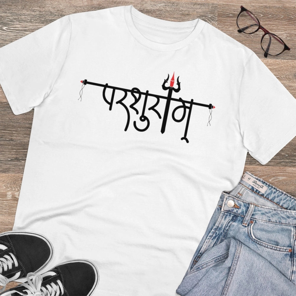 Men's PC Cotton Parsuram Printed T Shirt (Color: White, Thread Count: 180GSM)