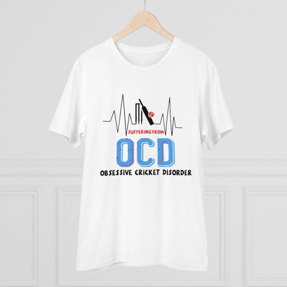 Men's PC Cotton Cricket Design Printed T Shirt (Color: White, Thread Count: 180GSM)