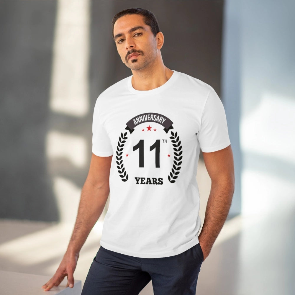Men's PC Cotton 11th Anniversary Printed T Shirt (Color: White, Thread Count: 180GSM)