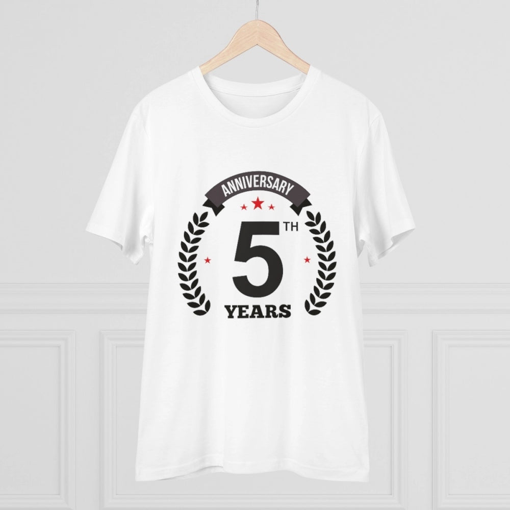 Men's PC Cotton 5th Anniversary Printed T Shirt (Color: White, Thread Count: 180GSM)