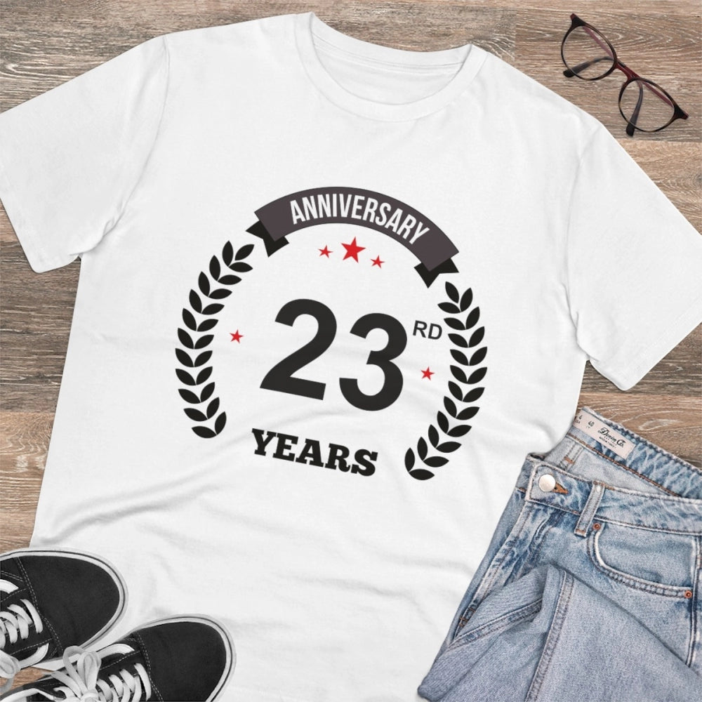Men's PC Cotton 23rd Anniversary Printed T Shirt (Color: White, Thread Count: 180GSM)