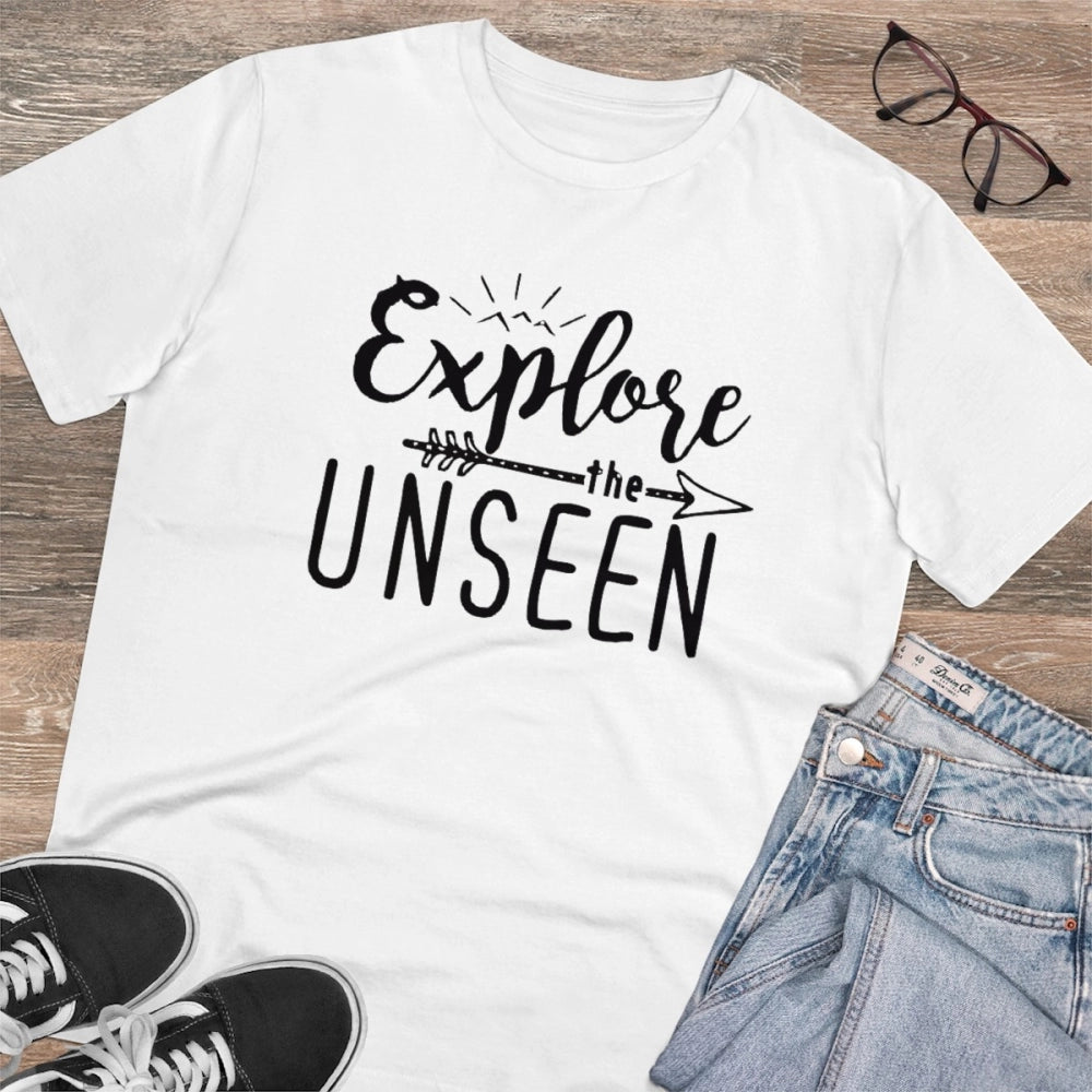 Men's PC Cotton Explore The Unseen Printed T Shirt (Color: White, Thread Count: 180GSM)