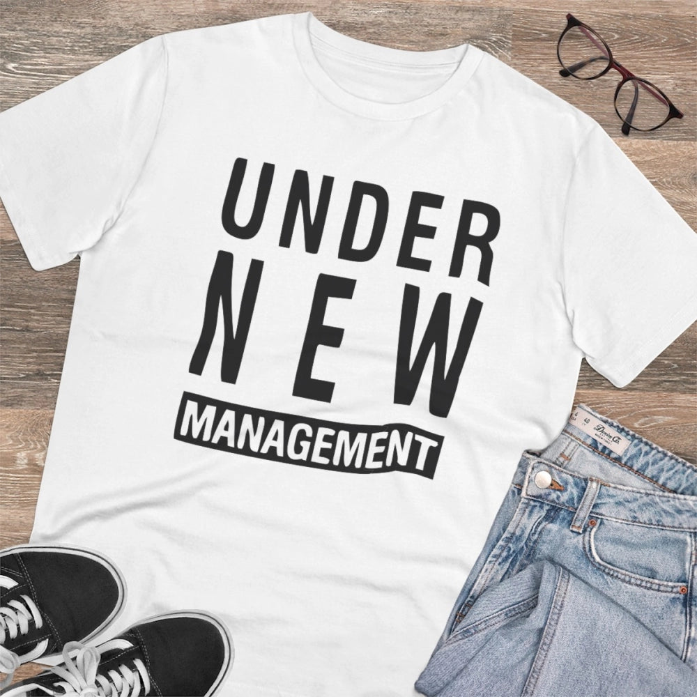 Men's PC Cotton Under New Management Desing Printed T Shirt (Color: White, Thread Count: 180GSM)