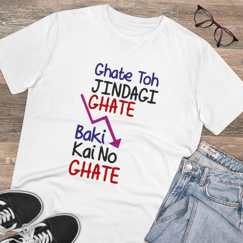 Men's PC Cotton Ghate To Jindgi Ghate Printed T Shirt (Color: White, Thread Count: 180GSM)
