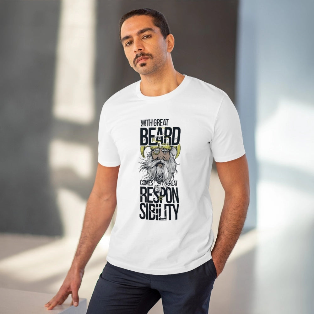 Men's PC Cotton With Great Beard Comes Printed T Shirt (Color: White, Thread Count: 180GSM)