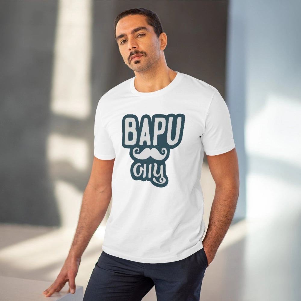 Men's PC Cotton Baapu Printed T Shirt (Color: White, Thread Count: 180GSM)
