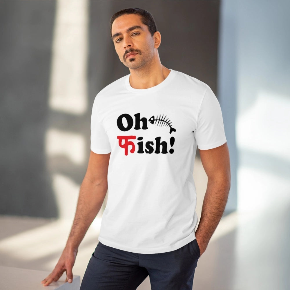 Men's PC Cotton Oh Fish Printed T Shirt (Color: White, Thread Count: 180GSM)