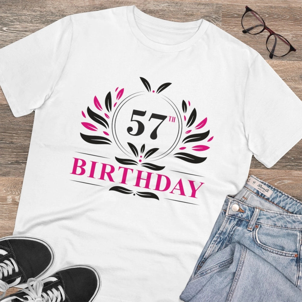 Men's PC Cotton 57th Birthday Printed T Shirt (Color: White, Thread Count: 180GSM)