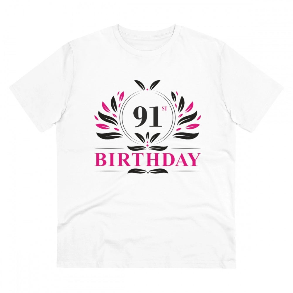 Men's PC Cotton 91st Birthday Printed T Shirt (Color: White, Thread Count: 180GSM)