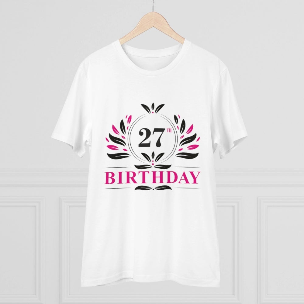 Men's PC Cotton 27th Birthday Printed T Shirt (Color: White, Thread Count: 180GSM)