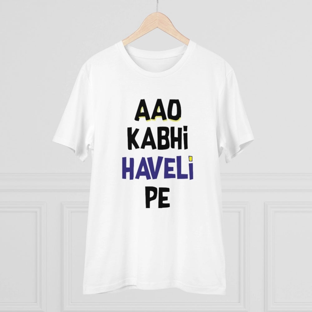 Men's PC Cotton Aao Kabhi Haveli Pe Printed T Shirt (Color: White, Thread Count: 180GSM)
