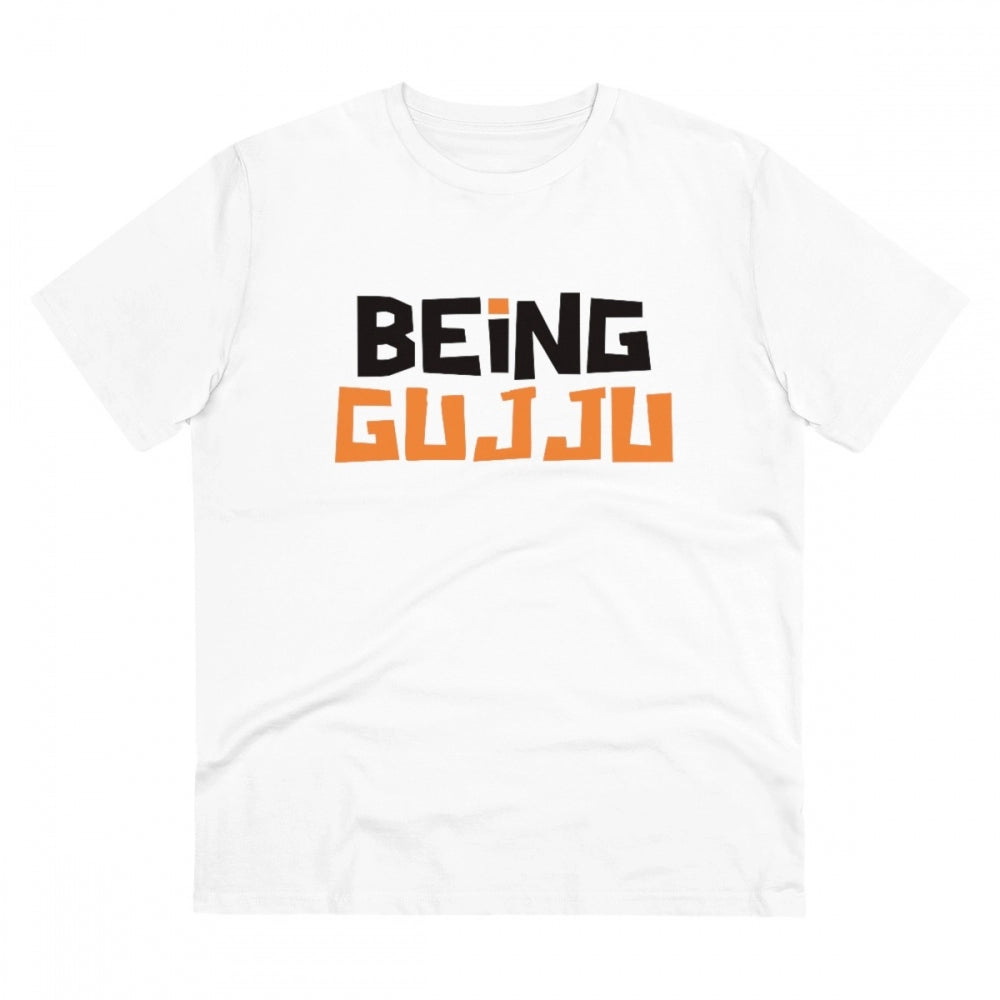 Men's PC Cotton Being Gujju Printed T Shirt (Color: White, Thread Count: 180GSM)