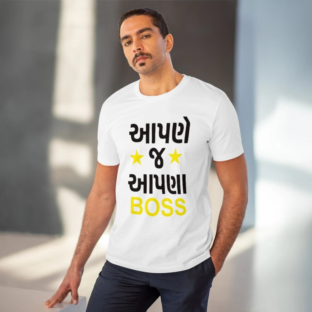 Men's PC Cotton Aapne J Aapna Boss Printed T Shirt (Color: White, Thread Count: 180GSM)