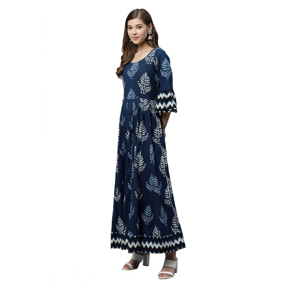 Women's Cotton Printed Regular Kurti (Blue, Cotton )