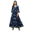 Women's Cotton Printed Regular Kurti (Blue, Cotton )