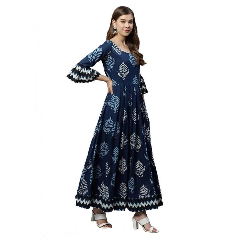 Women's Cotton Printed Regular Kurti (Blue, Cotton )