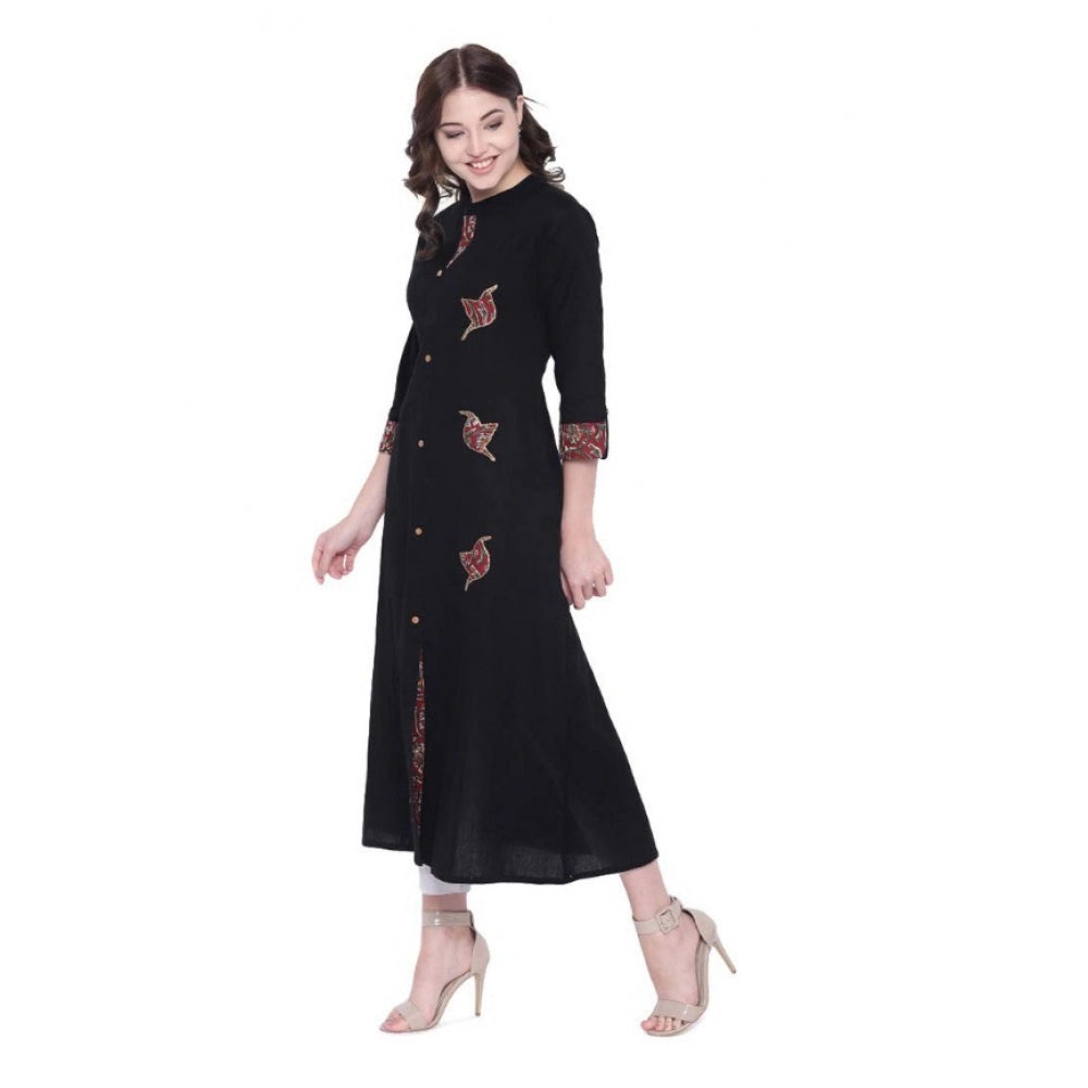Women's Khadi Printed A Line Kurti (Black, Khadi)
