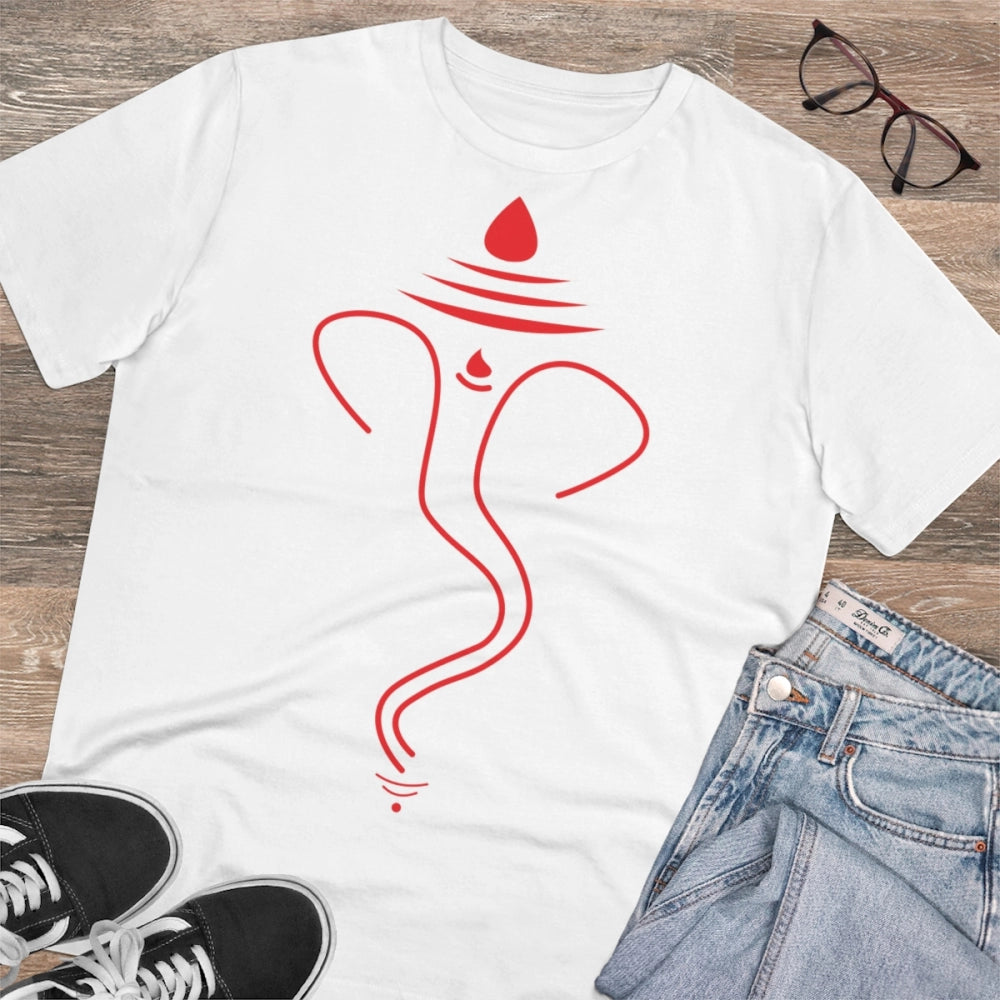 Men's PC Cotton Ganesh Printed T Shirt (Color: White, Thread Count: 180GSM)