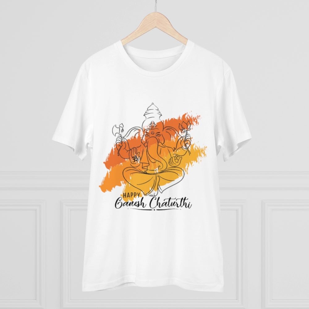 Men's PC Cotton Ganesh Printed T Shirt (Color: White, Thread Count: 180GSM)