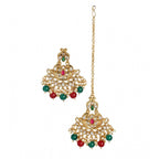Women's Rose Gold Plated Alloy Kundan Earrings &amp; Mangtikka (Red &amp; Green)
