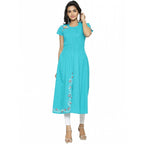 Women's Casual Short Sleeve Embroidery Cotton Slub Kurti (Torque Green)