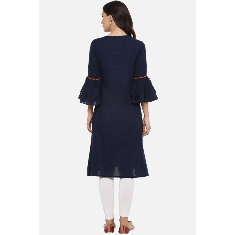 Women's Casual Bell Sleeves Solid Cotton Slub Kurti (Blue)