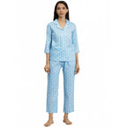 Women's Casual 3/4 th Sleeve Floral Printed Rayon Shirt With Pyjama Pant Night Suit Set (Blue)