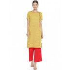 Women's Casual Short Sleeves Floral Printed Cotton &amp; Rayon Kurti Palazzo Set (Yellow &amp; Red)