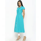 Women's Casual Short Sleeve Embroidery Cotton Slub Kurti (Torque Green)