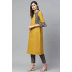 Women's Casual Bell Sleeves Geomatrical Printed Cotton Kurti Set (Yellow)