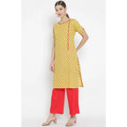 Women's Casual Short Sleeves Floral Printed Cotton &amp; Rayon Kurti Palazzo Set (Yellow &amp; Red)
