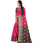 Women's Silk Blend Woven Saree With Unstitched Blouse 5.5Mtr (Blue-Pink)
