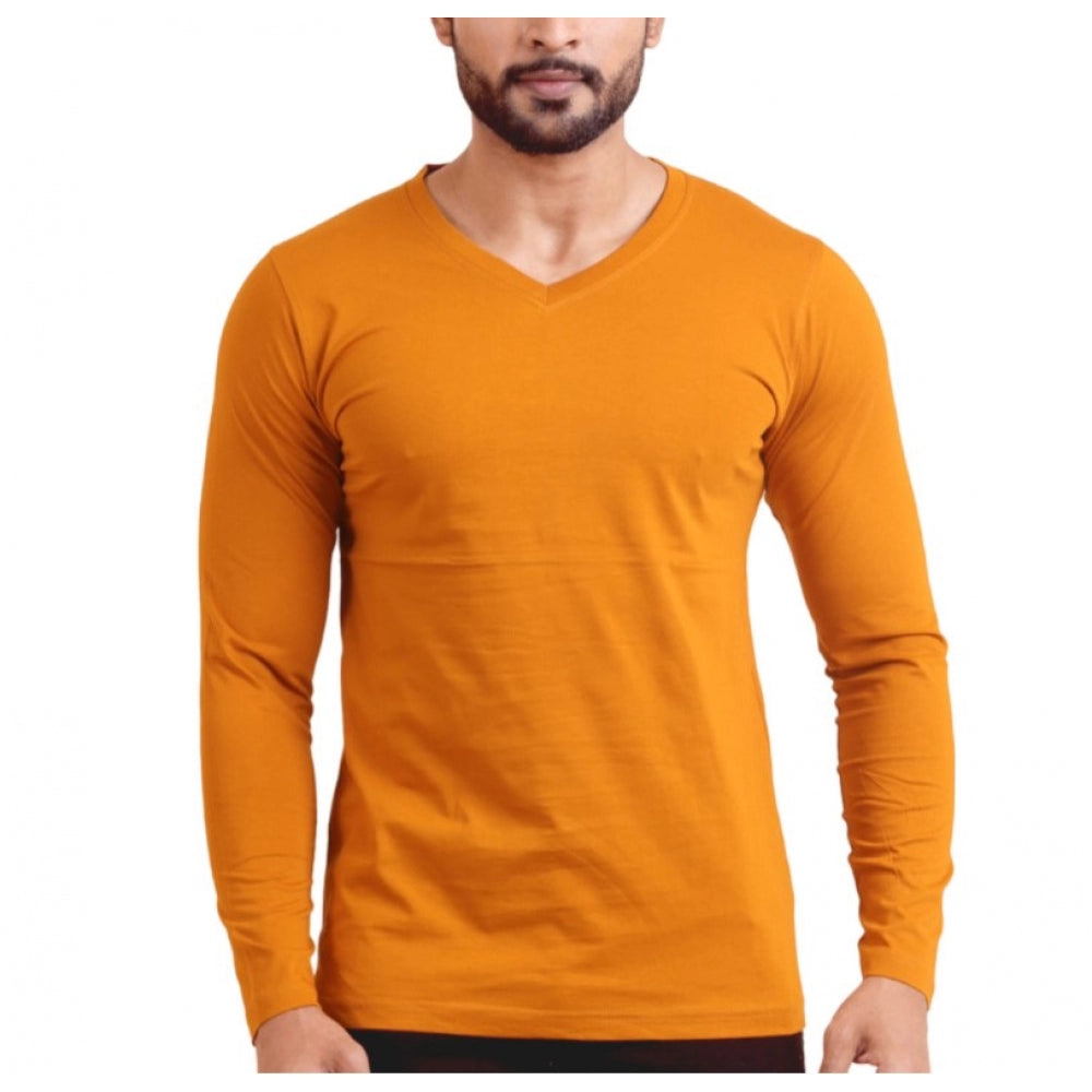 Men's Casual Cotton Solid V Neck Full Sleeve T-Shirt (Mustard)