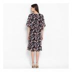 Women's Polyester Floral Short Sleeve Knee-Length Dress (Black - Multicolor)