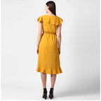 Women's Polyester Ruffled Cap Sleeve Knee-Length Dress (Yellow)