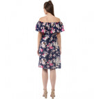 Women's Polyester Crepe Floral Half Sleeve Above Knee Dress (Navy Blue)