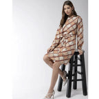 Women's Polyester Checkered Long Sleeves Above Knee Dress (Off White - Brown)