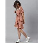 Women's Polyester Polka Bell Sleeve Above Knee Dress (Brown)