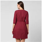 Women's Cotton Solid 3-4th Sleeves Above Knee Dress (Maroon)