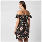 Women's Polyester Floral Cold Shoulder Above Knee Dress (Black)