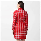 Women's Polyester Checkered Long Sleeves Above Knee Dress (Red)